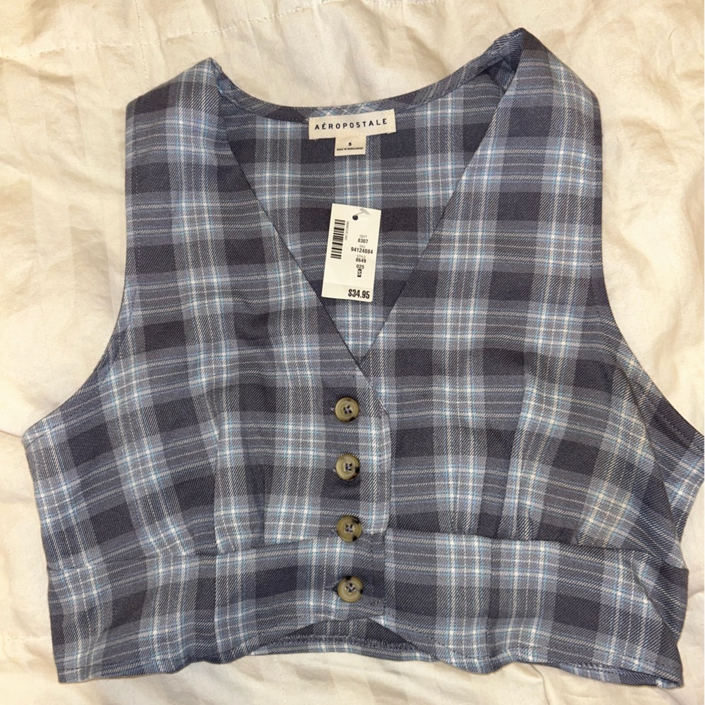 Vest crop top, plaid, button up, new with tags
